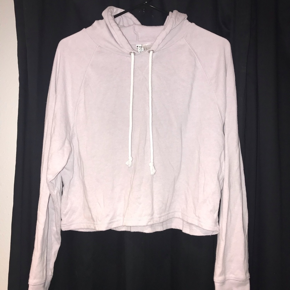 Cropped, purple sweatshirt.